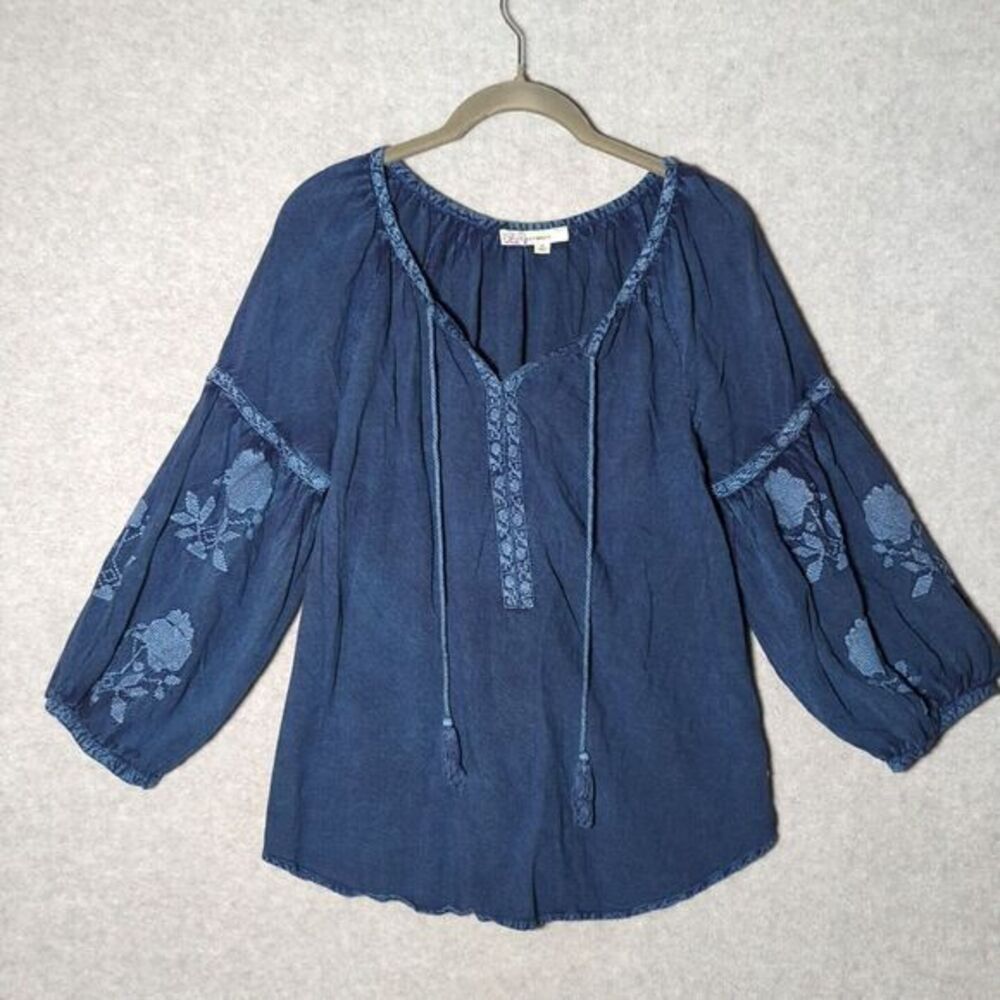 Laffaire Anthropologie Top Womens Small Blue Embroidered Balloon Sleeve Blouse